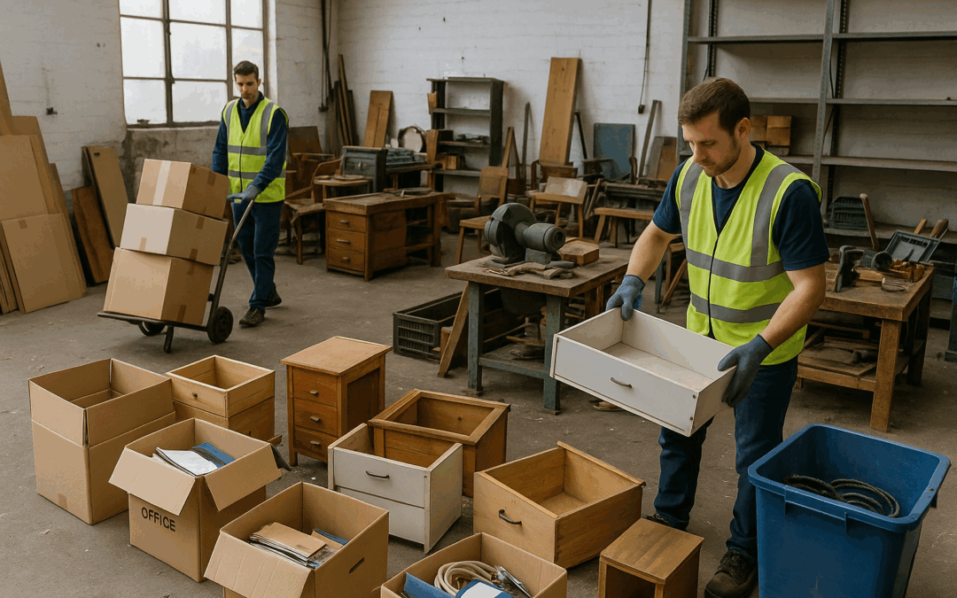 Professionnels Aubert Débarras vidant un atelier avec cartons, mobilier de bureau et matériel en cours d’évacuation